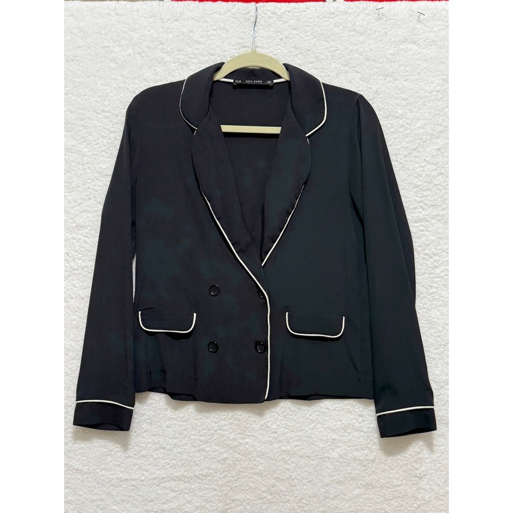 Zara Basic Black Blazer White Trim Double‎ Breasted Jacket Career